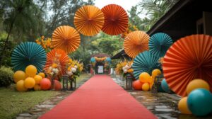 Colorful paper decorations frame a vibrant entrance in a joyful celebration setting main-page-side-image